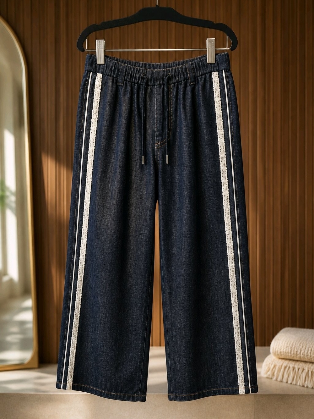 NWT, Galita Dark Blue Wide-Leg Light Denim Pants with White Side Lace Stripes
